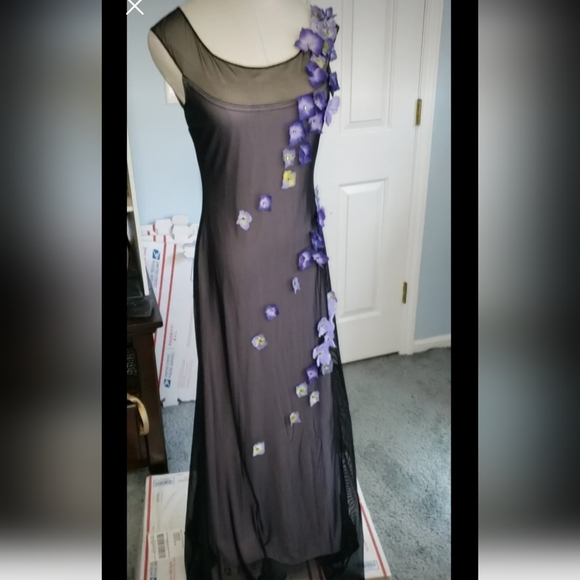 Vintage Dresses & Skirts - Tadashi for Cache 90's Y2K Vintage Mesh Applique 3D Pansies Column Whims…